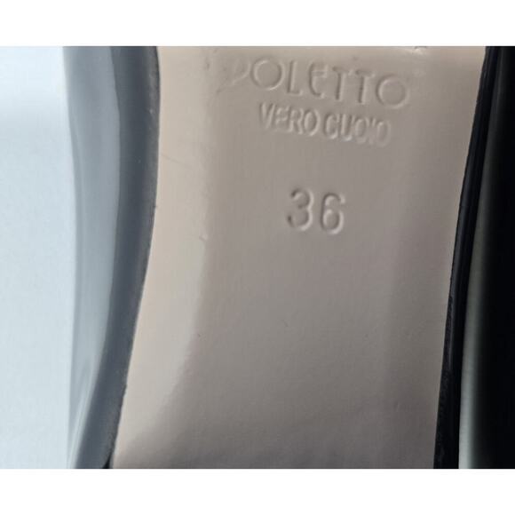 Poletto Charcoal Gray Patent Leather Heels Pumps Rhinestone Medallion Size 36 - Picture 10 of 12